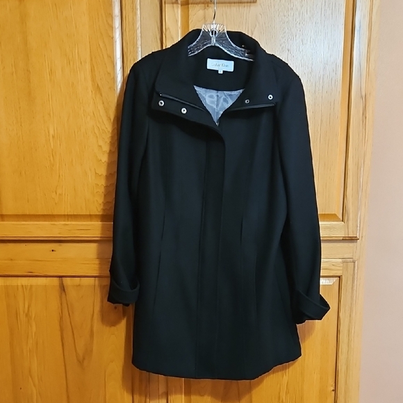 Calvin Klein Women's Wool Blend Black Pleated Winter Coat Sz: 14. GUC - Picture 1 of 12